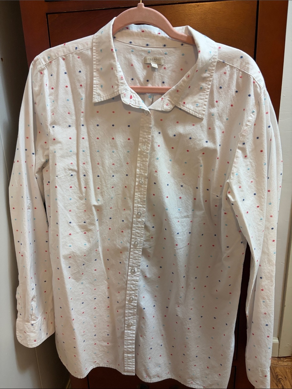 Talbots White Button-Down Shirt with Red and Blue Dot Pattern - Picture 3 of 6